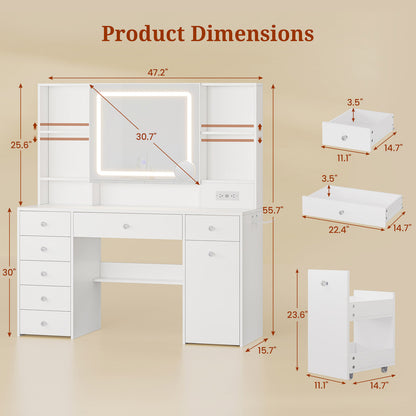 47.2“ Large Makeup Vanity with Pull-Out LED Mirror White