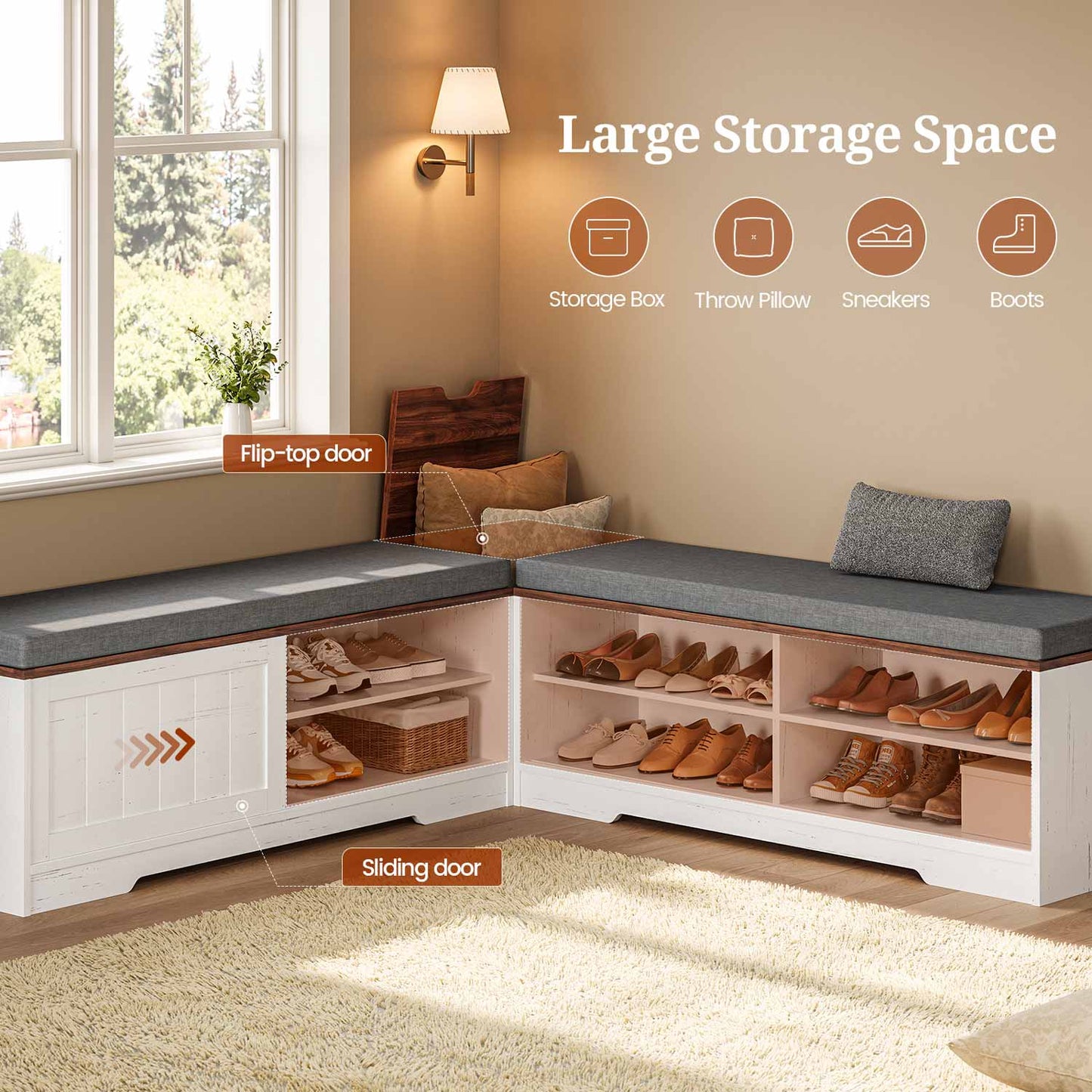 Farmhouse L Shaped Shoe Storage Bench with Hidden Storage White Brown