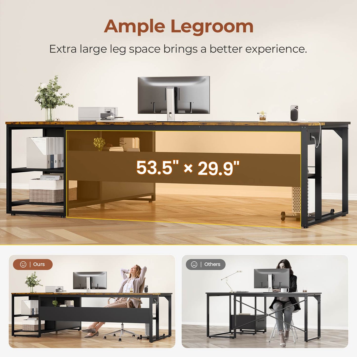 71" Reversible L-Shaped Executive Desk with Storage Shelves & Power Outlets Brown
