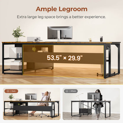 71" Reversible L-Shaped Executive Desk with Storage Shelves & Power Outlets Brown