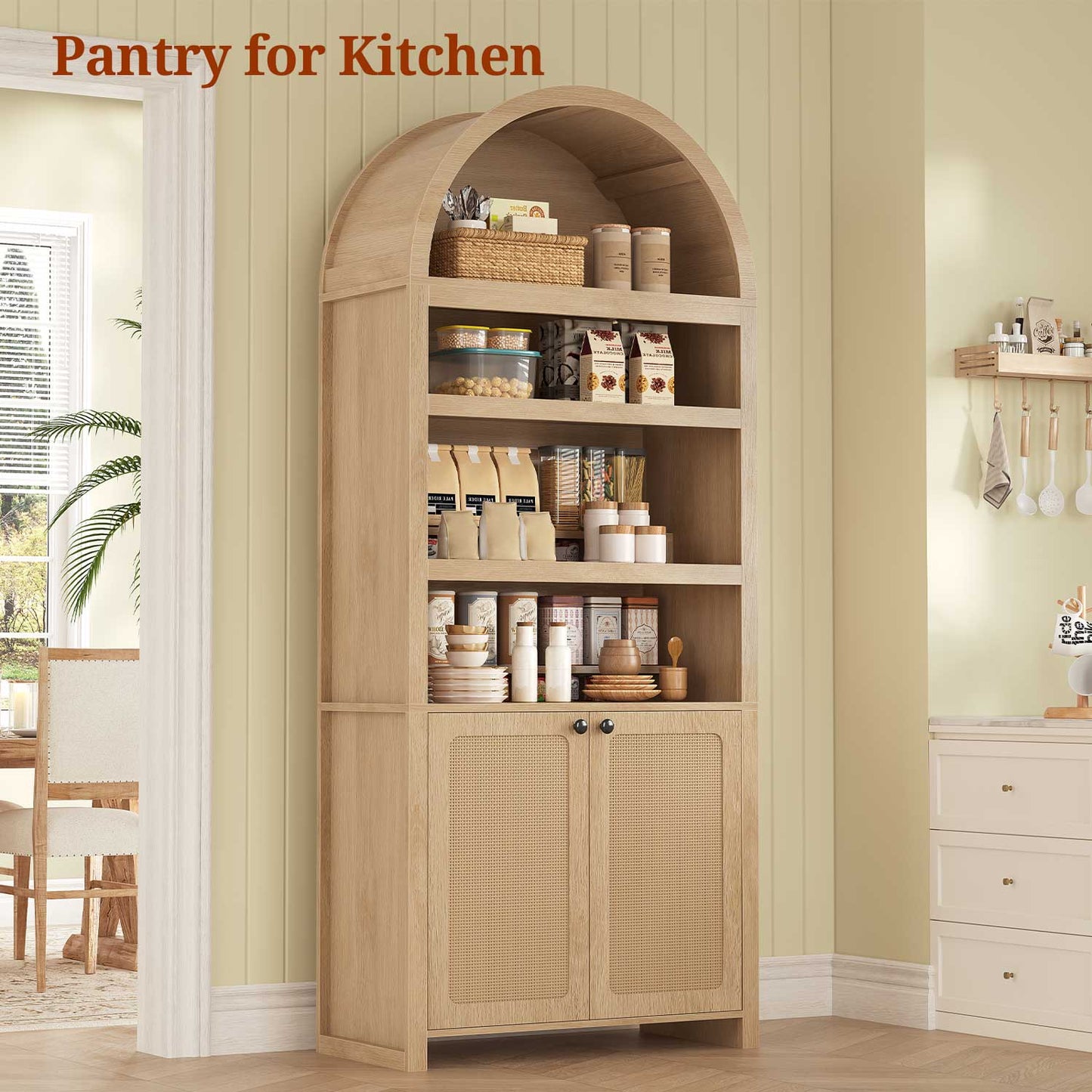 81 Inches Tall Arched 6-Tier Bookcase with Door Oak