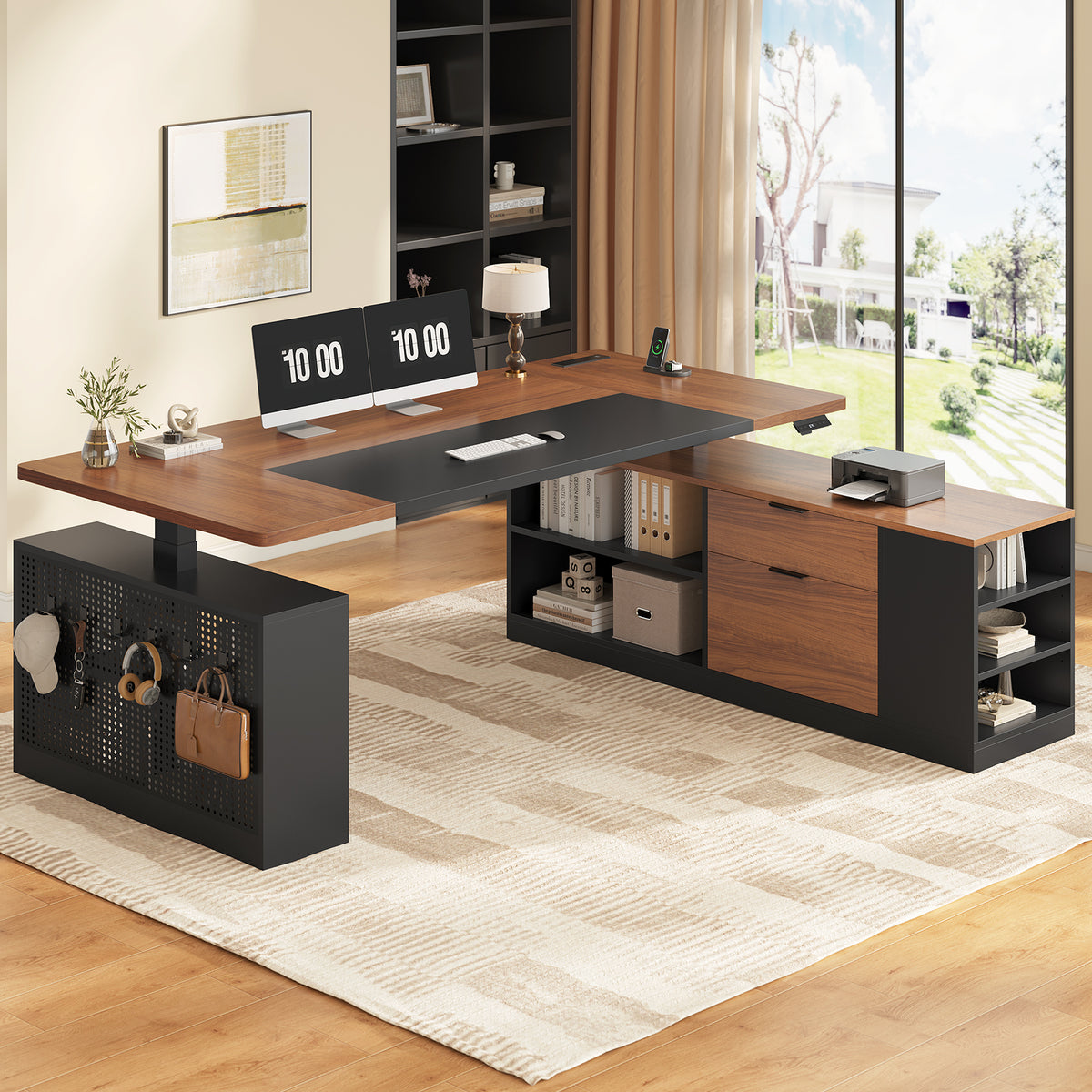 Electric L Shaped Standing Desk with Storage Shelves and Power Outlet Black