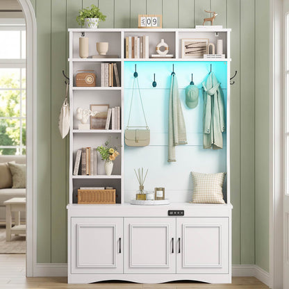 Hall Tree with Shoe Storage Coat Rack LED Lights and Bench White
