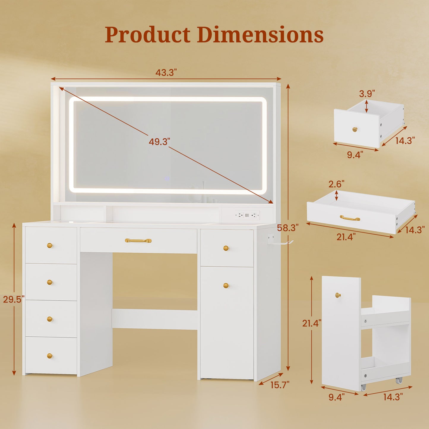 Makeup Vanity with Large LED Mirror White