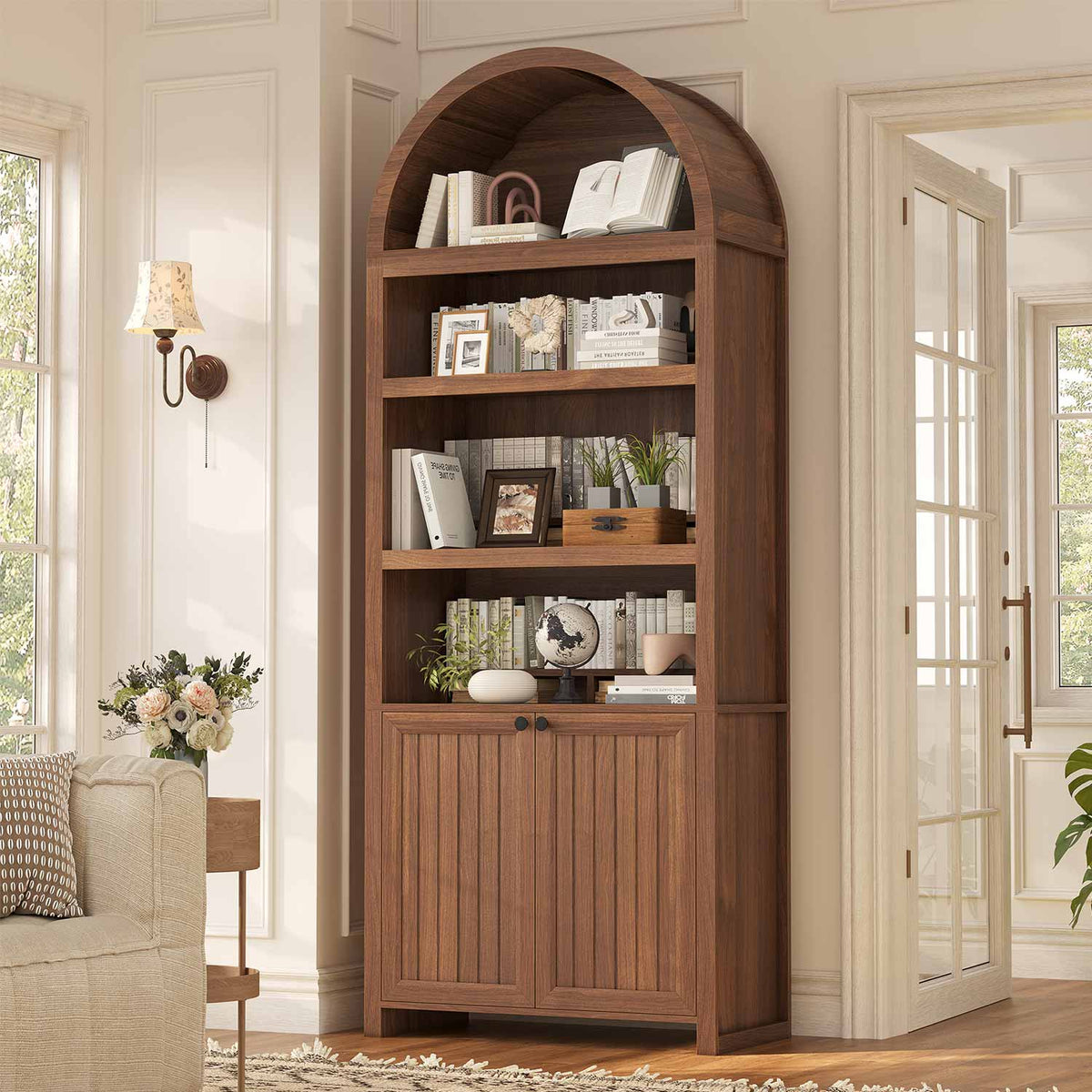 81" Arched Bookcase with Adjustable Shelves and Cabinet Brown
