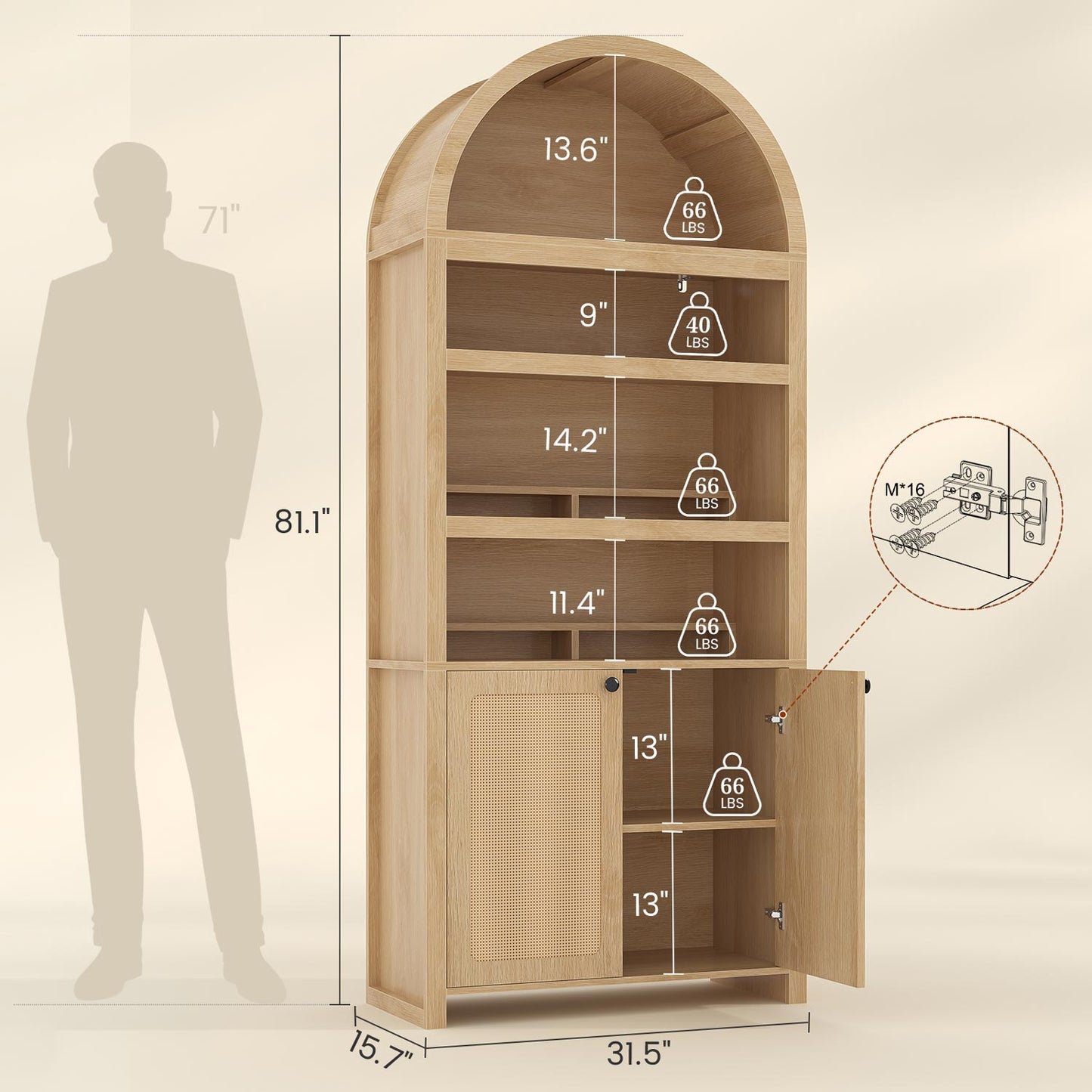 81 Inches Tall Arched 6-Tier Bookcase with Door Oak