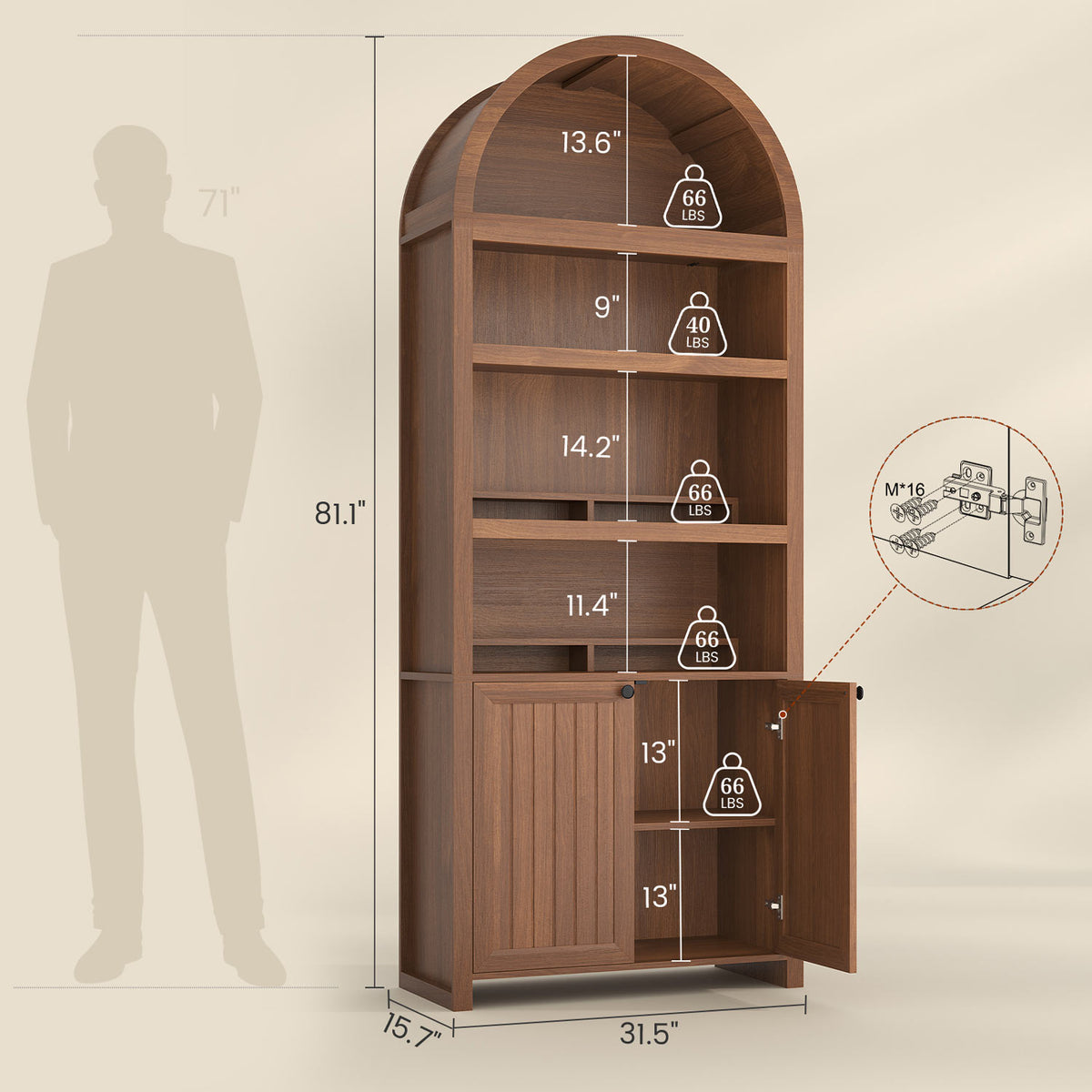 81" Arched Bookcase with Adjustable Shelves and Cabinet Brown
