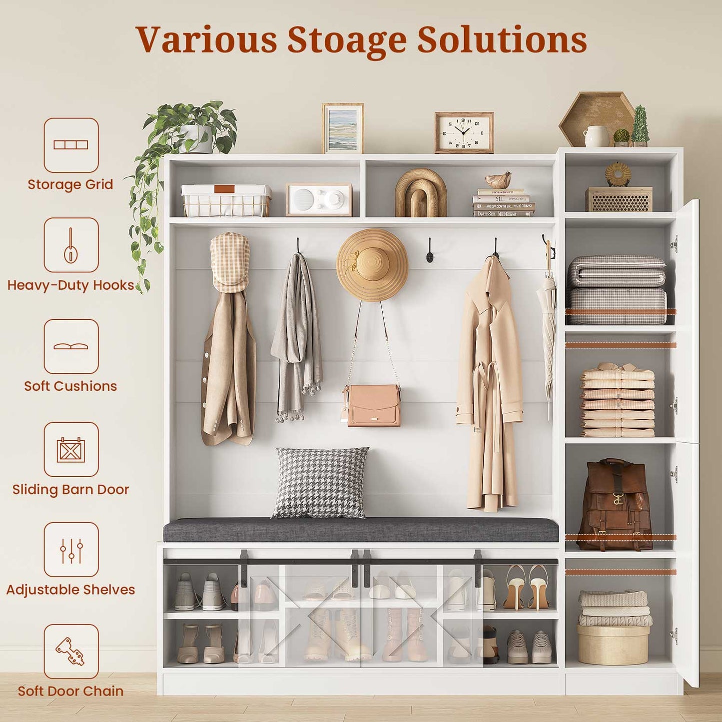 60" Hall Tree with Bench, Shoe Storage and Mirror