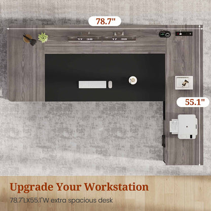 78.7" L Shaped Executive Desk with Drawers Storage Shelves Grey