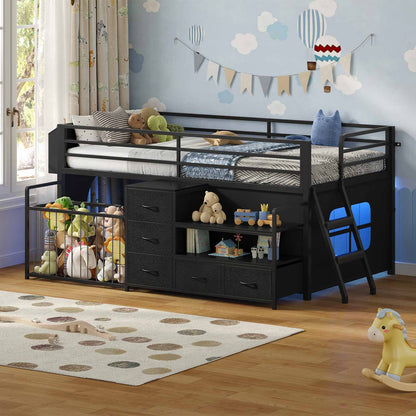 Twin Size Low Loft Bed with Storage Shelves Drawers and LED Lights Black