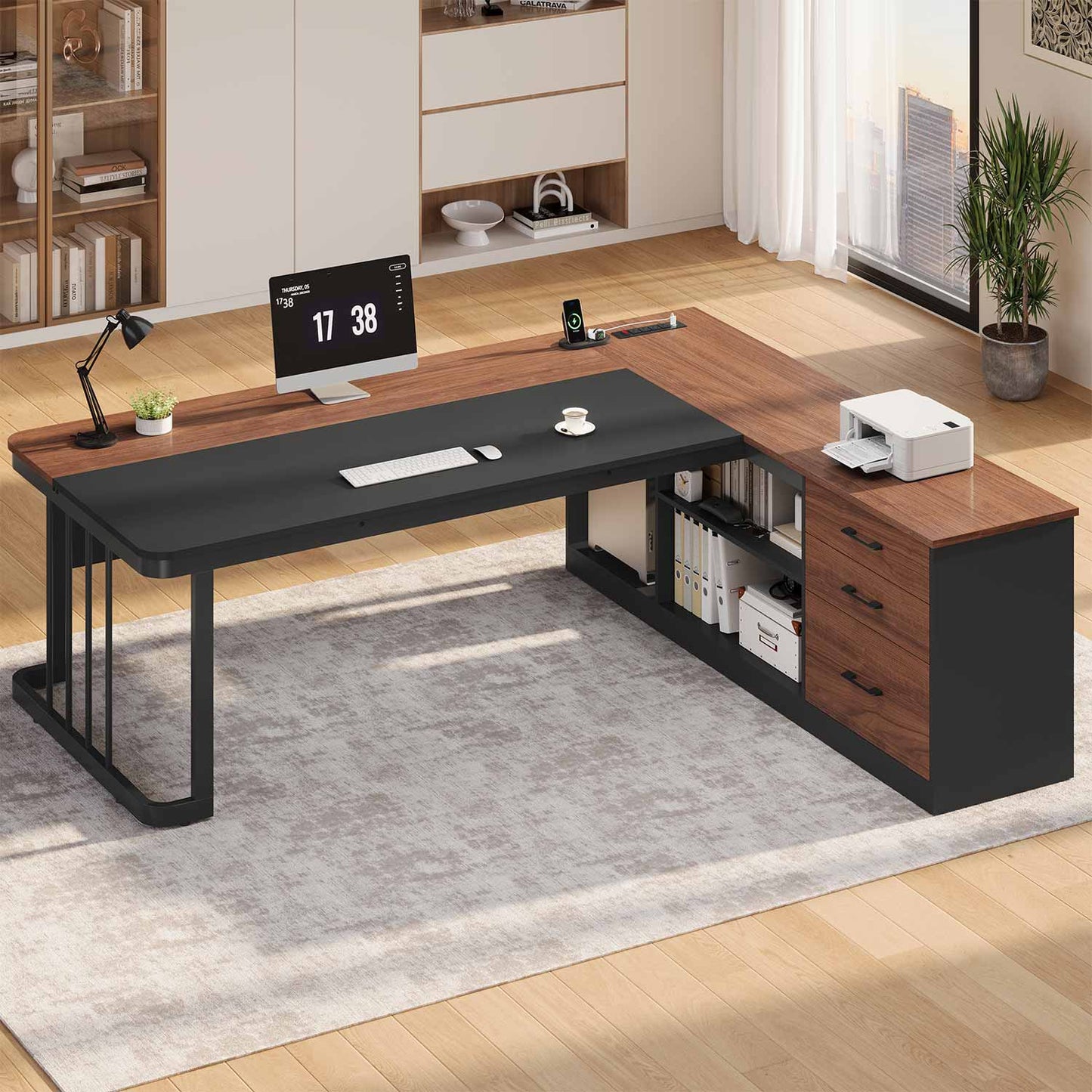 71" L Shaped Large Office Desk with Drawers & Storage Shelves Walnut
