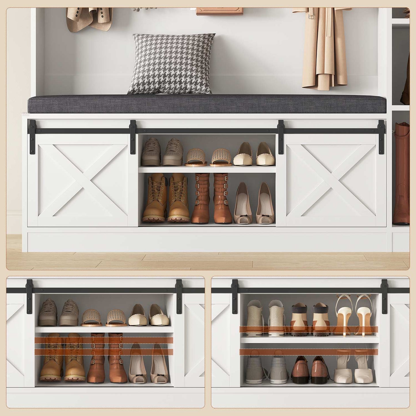 60" Hall Tree with Bench, Shoe Storage and Mirror