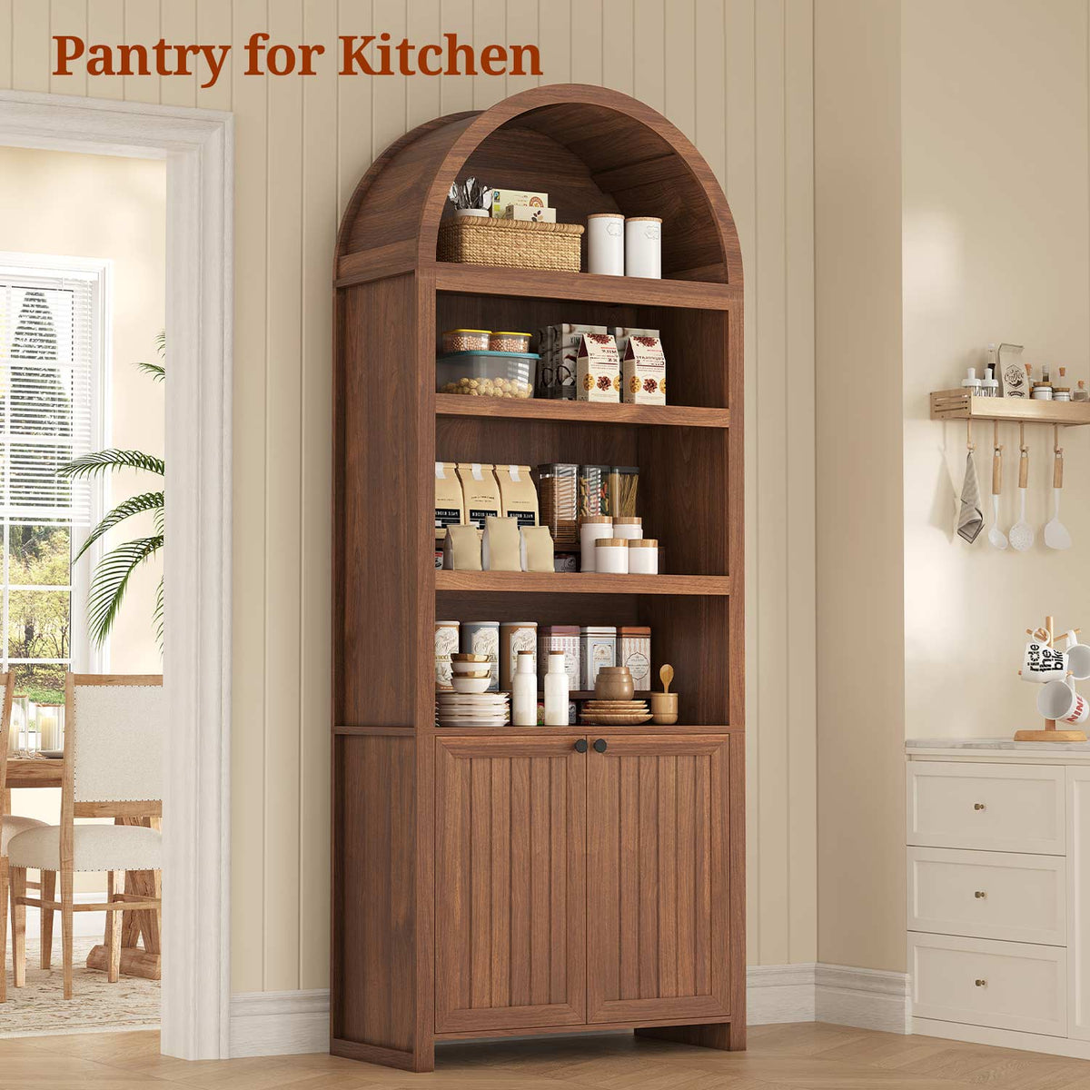81" Arched Bookcase with Adjustable Shelves and Cabinet Brown