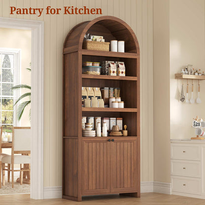 81" Arched Bookcase with Adjustable Shelves and Cabinet Brown