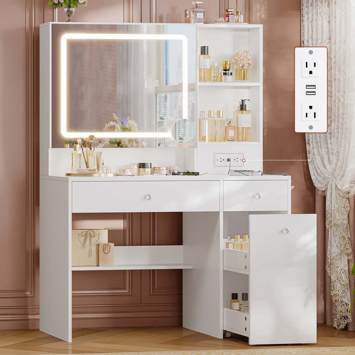 35.4" Normal Makeup Vanity with Pull-Out LED Mirror White
