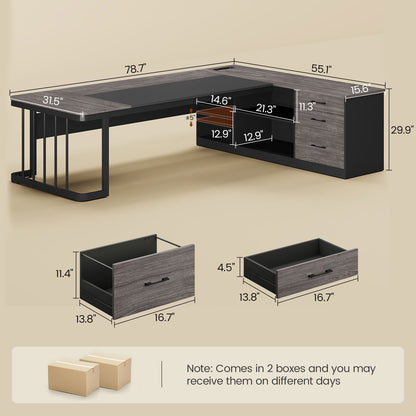 78.7" L Shaped Executive Desk with Drawers Storage Shelves Grey