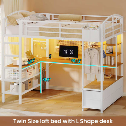 Full Size Gaming Loft Bed with RGB LED Lights White