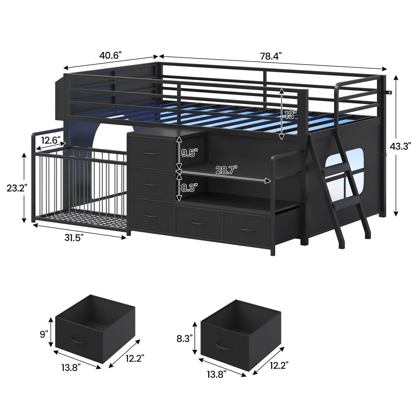 Twin Size Low Loft Bed with Storage Shelves Drawers and LED Lights Black