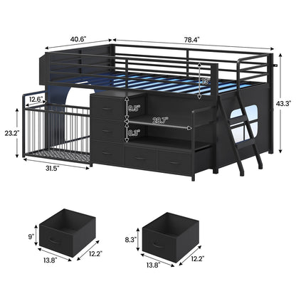 Twin Size Low Loft Bed with Storage Shelves Drawers and LED Lights Black