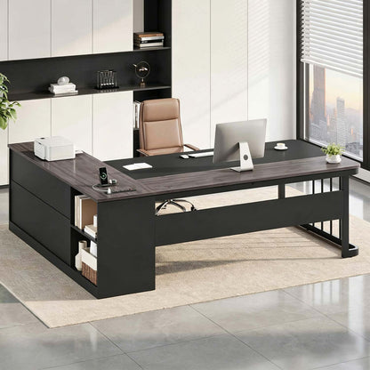 71" Modern L Shaped Executive Desk with Drawers & Storage Shelves Grey