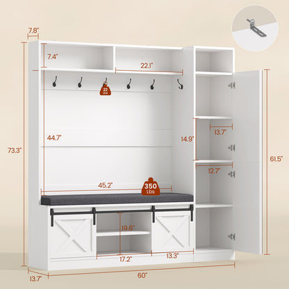 60" Hall Tree with Bench, Shoe Storage and Mirror