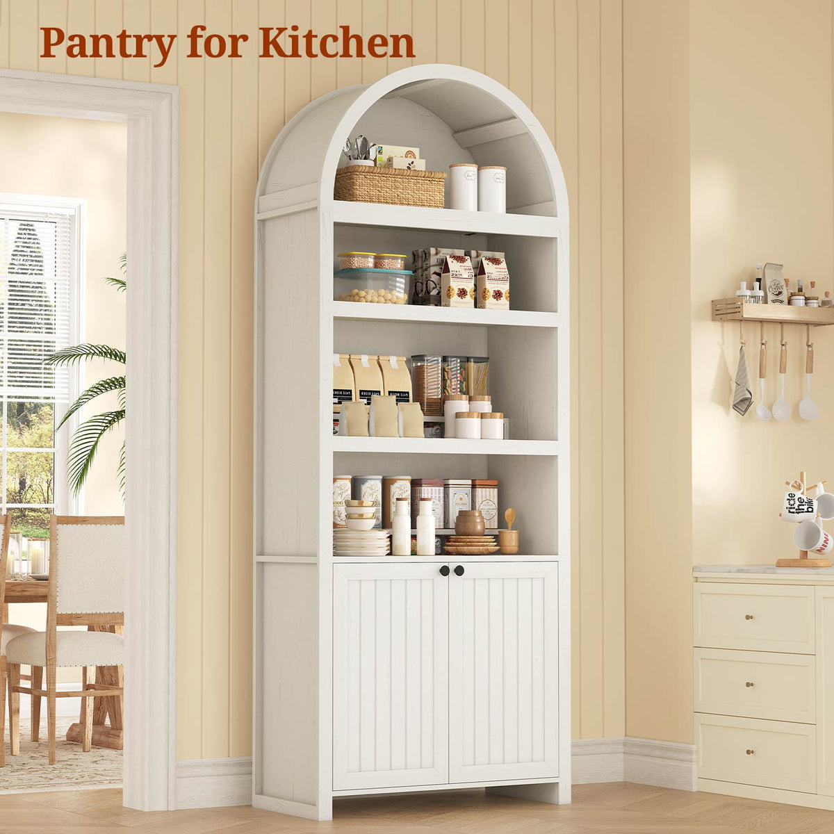 81" Arched Bookcase with Adjustable Shelves and Cabinet Antique White
