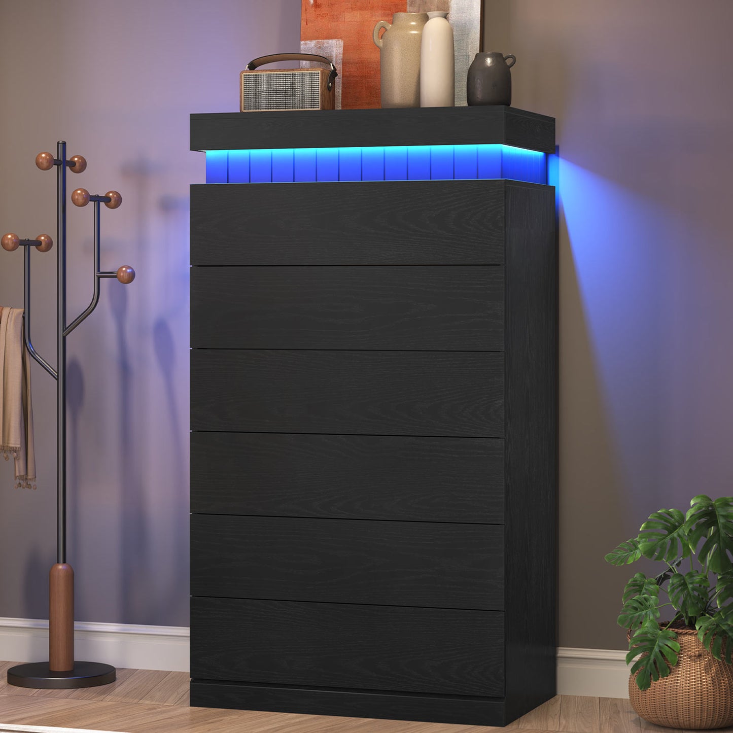 Tall Black 6 Dresser with Sliding Top Storage Space