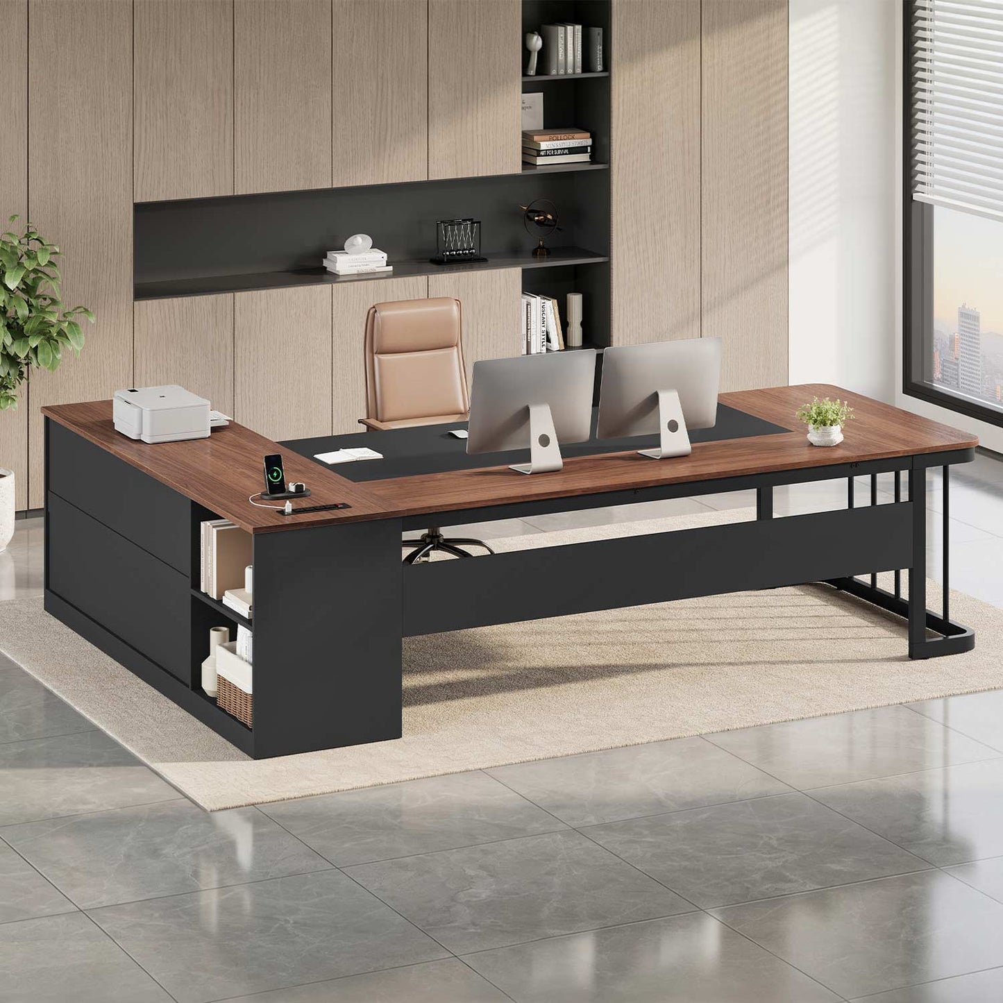78.7" L Shaped Executive Desk with Drawers Storage Shelves Walnut
