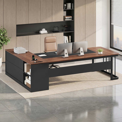 78.7" L Shaped Executive Desk with Drawers Storage Shelves Walnut