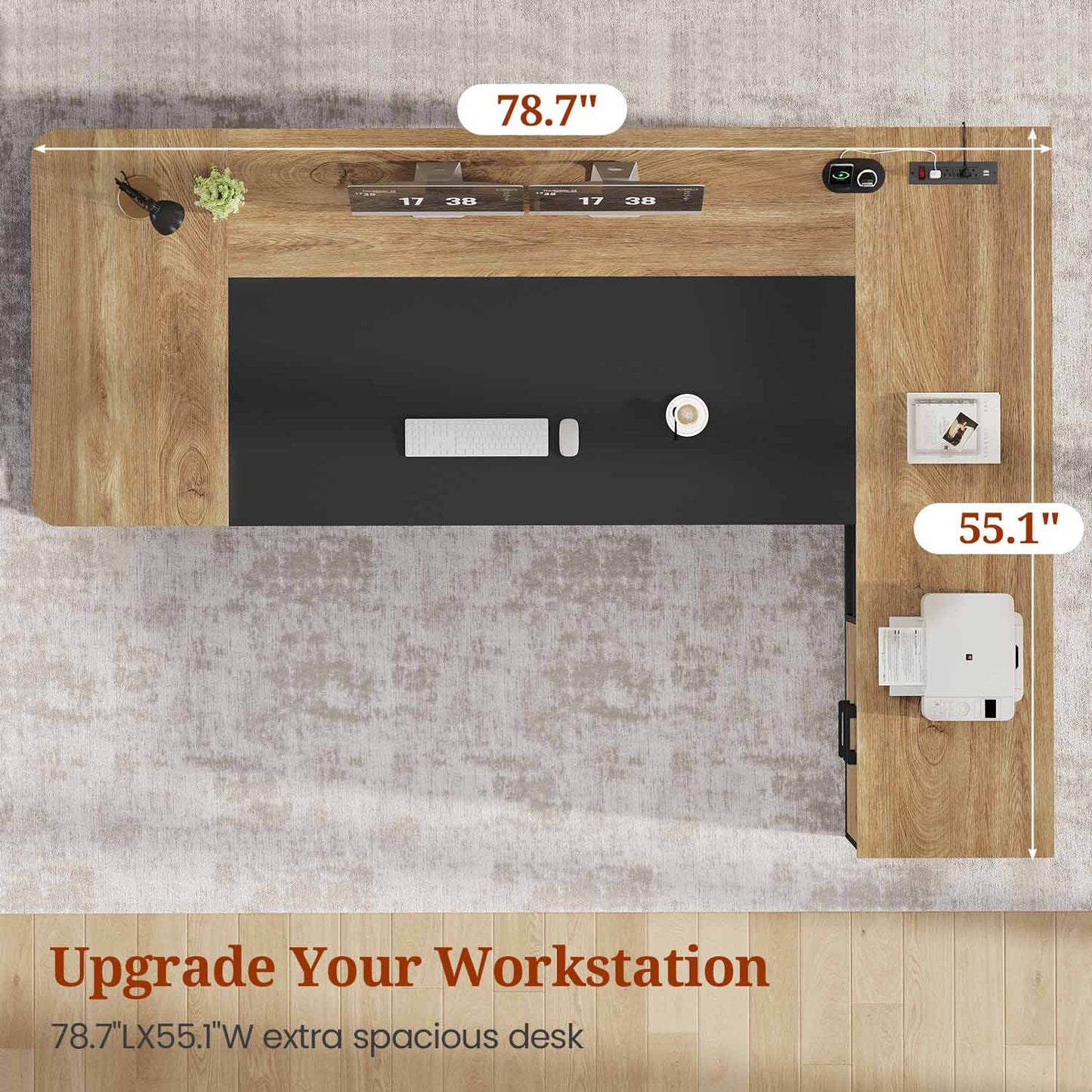 78.7" L Shaped Executive Desk with Drawers Storage Shelves Oak