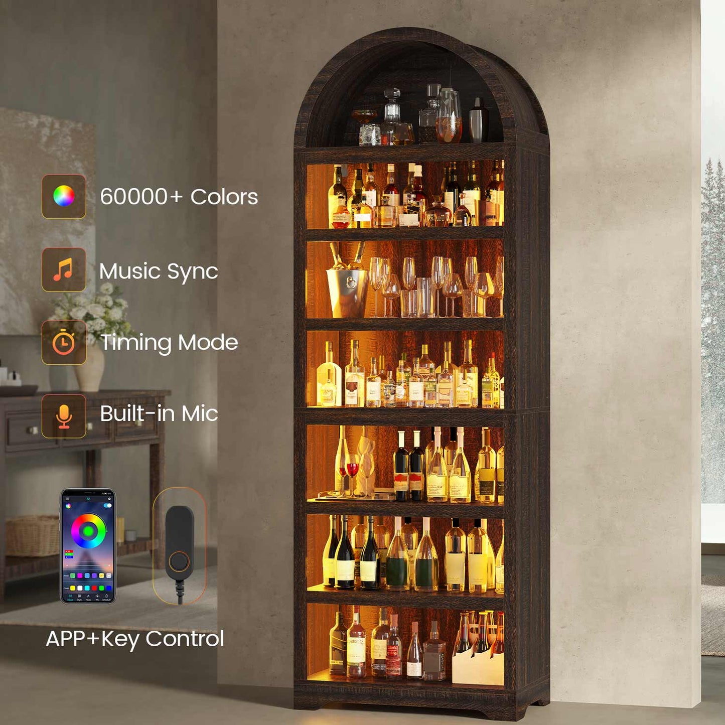 79.4" Tall Arched Cabinet with RGB Light & Adjustable Shelf Walnut