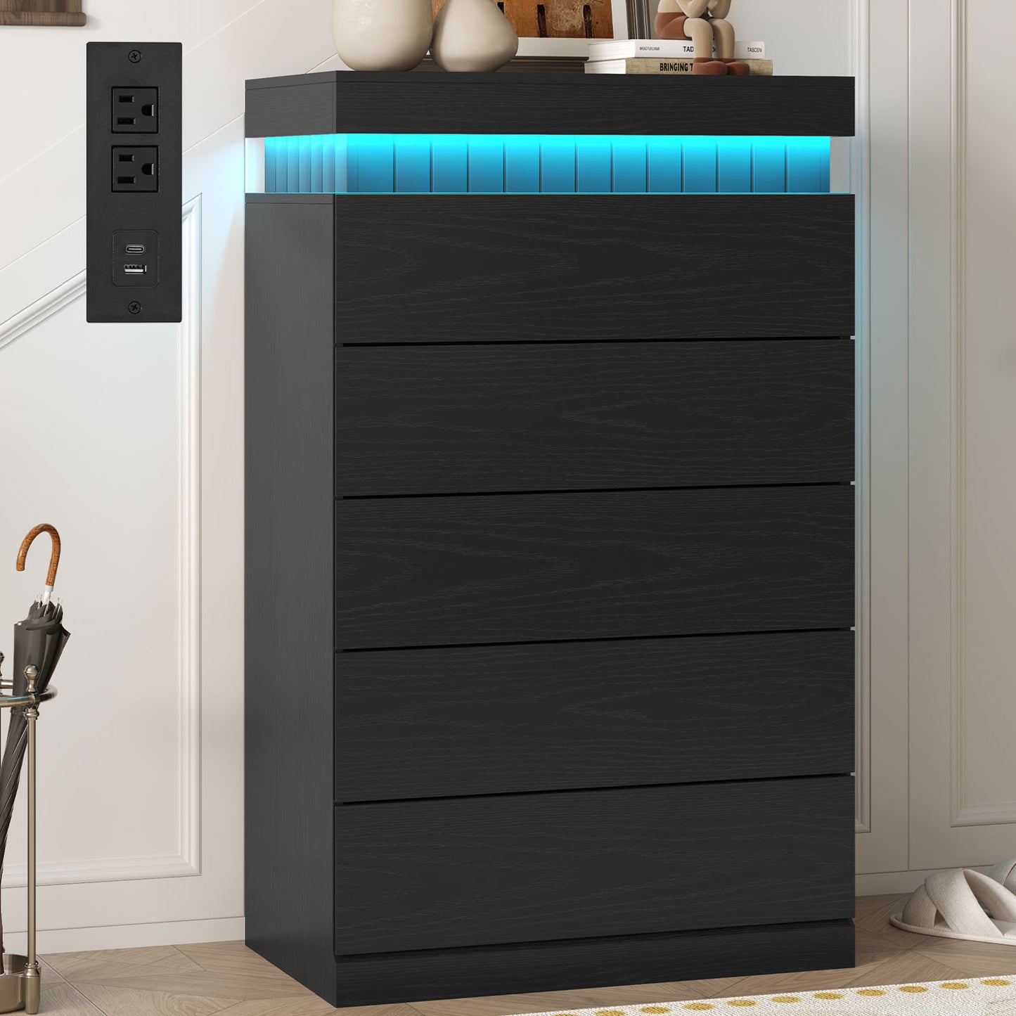 Modern Wood 6 Dresser  with LED Light and Power Outlet,Black
