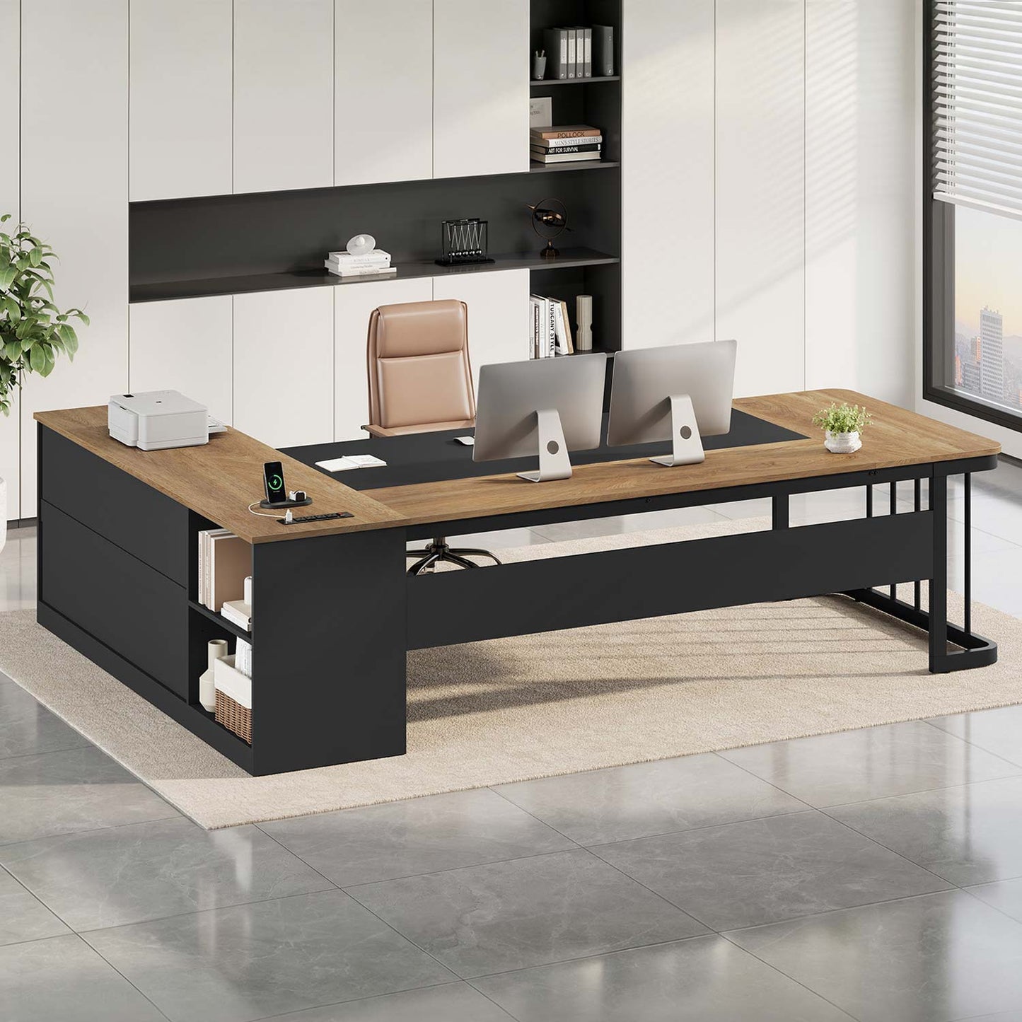 78.7" L Shaped Executive Desk with Drawers Storage Shelves Oak