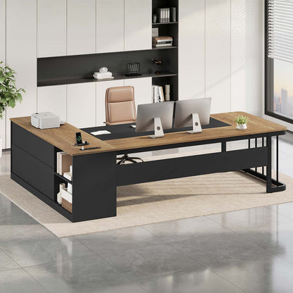 78.7" L Shaped Executive Desk with Drawers Storage Shelves Oak