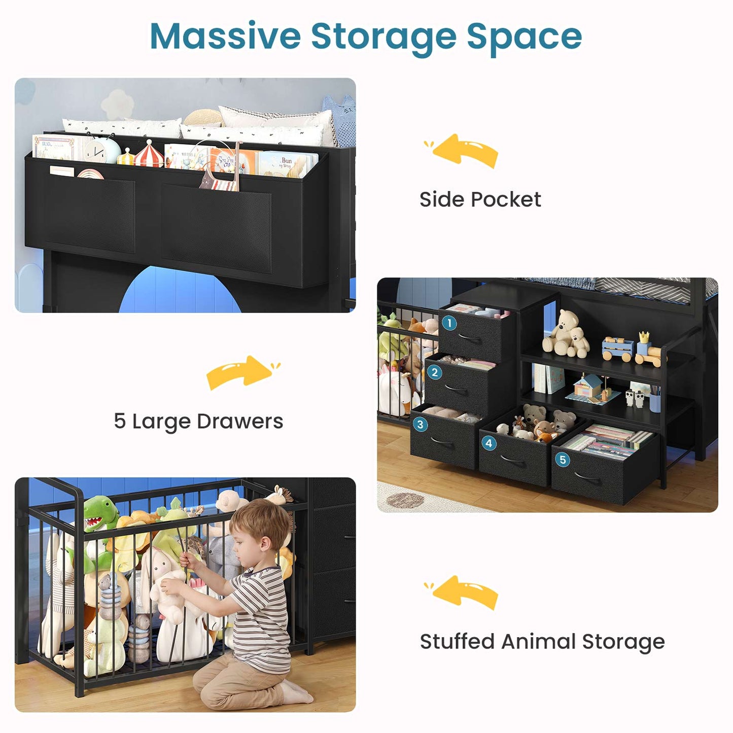 Twin Size Low Loft Bed with Storage Shelves Drawers and LED Lights Black