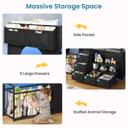 Twin Size Low Loft Bed with Storage Shelves Drawers and LED Lights Black