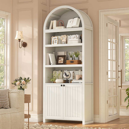 81" Arched Bookcase with Adjustable Shelves and Cabinet Antique White