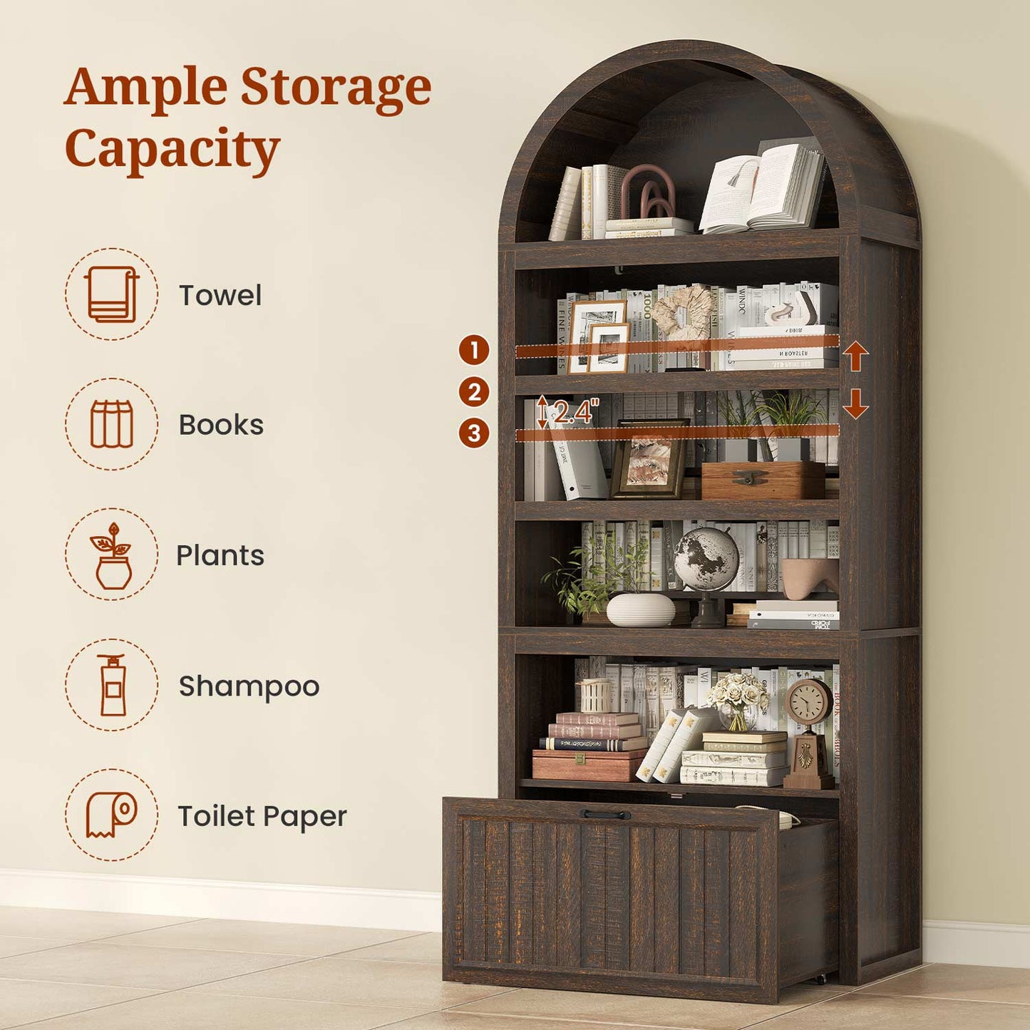Arched Bookcase with Drawer storage & 2 Book Risers  Walnut 