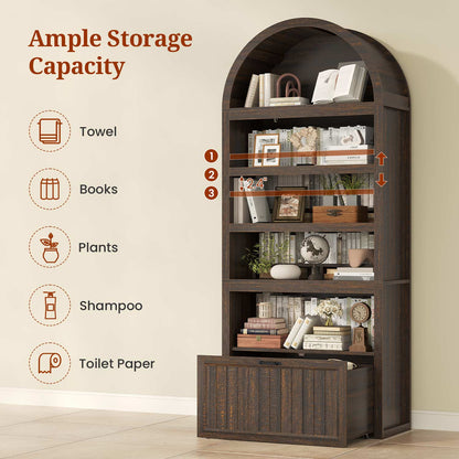 Arched Bookcase with Drawer storage & 2 Book Risers  Walnut 