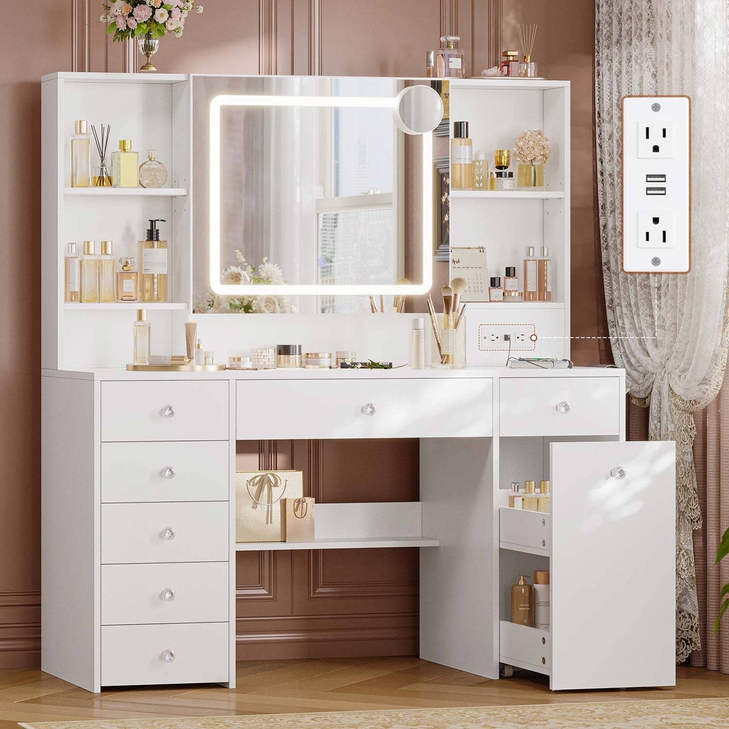 47.2“ Large Makeup Vanity with Pull-Out LED Mirror White