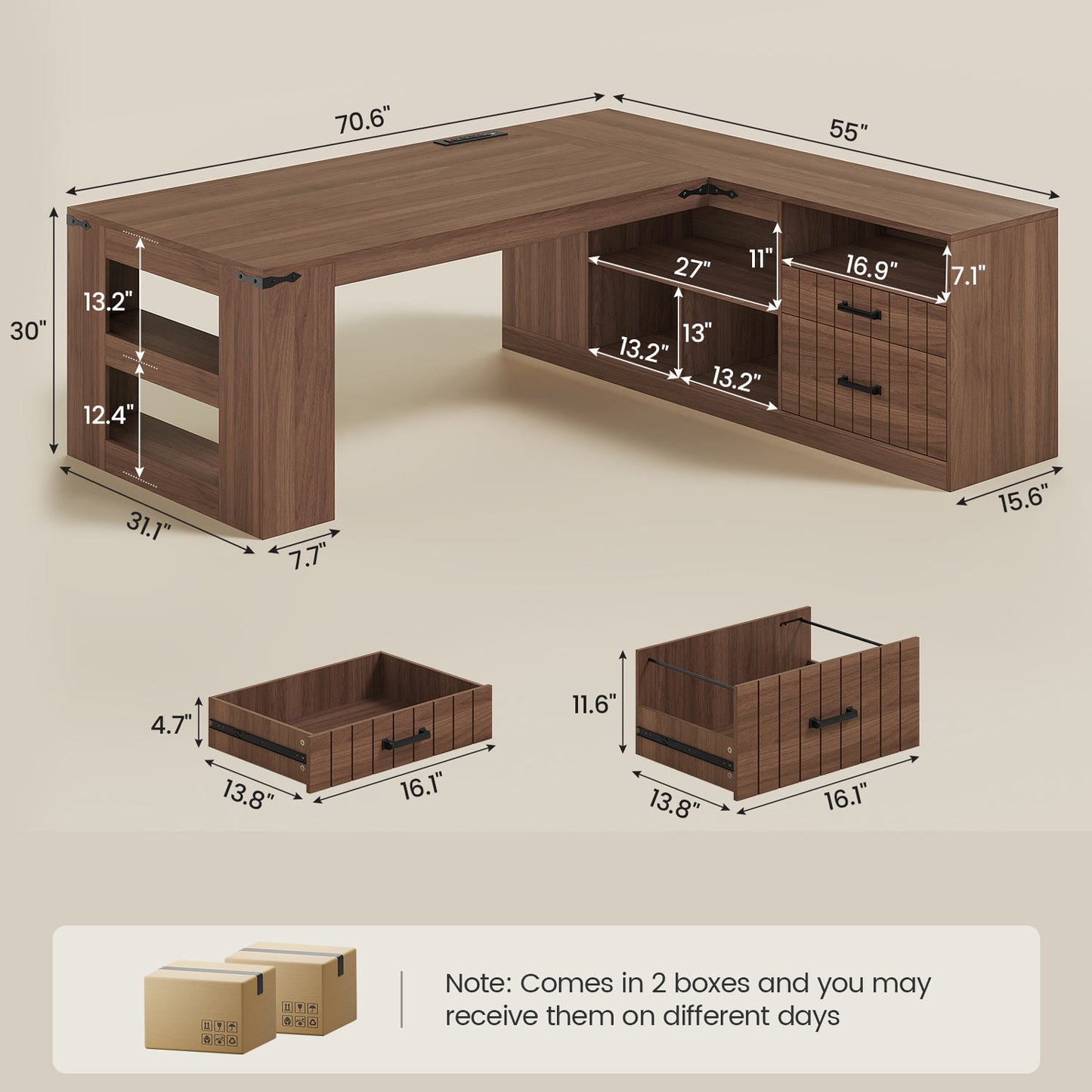 71" L Shaped Executive Desk with Storage and Power Walnut