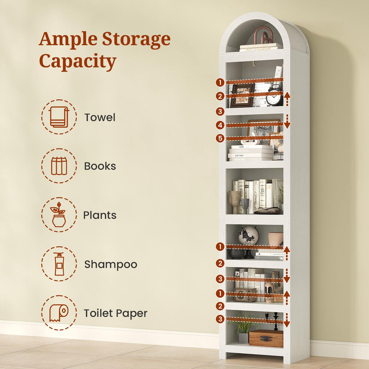 76" Arched Bookcase with Adjustable Shelves White