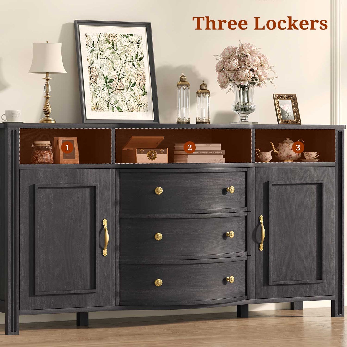 Farmhouse Buffet Cabinet with Storage & 3 Drawers Grey
