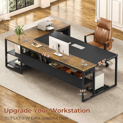 71" Reversible L-Shaped Executive Desk with Storage Shelves & Power Outlets Brown