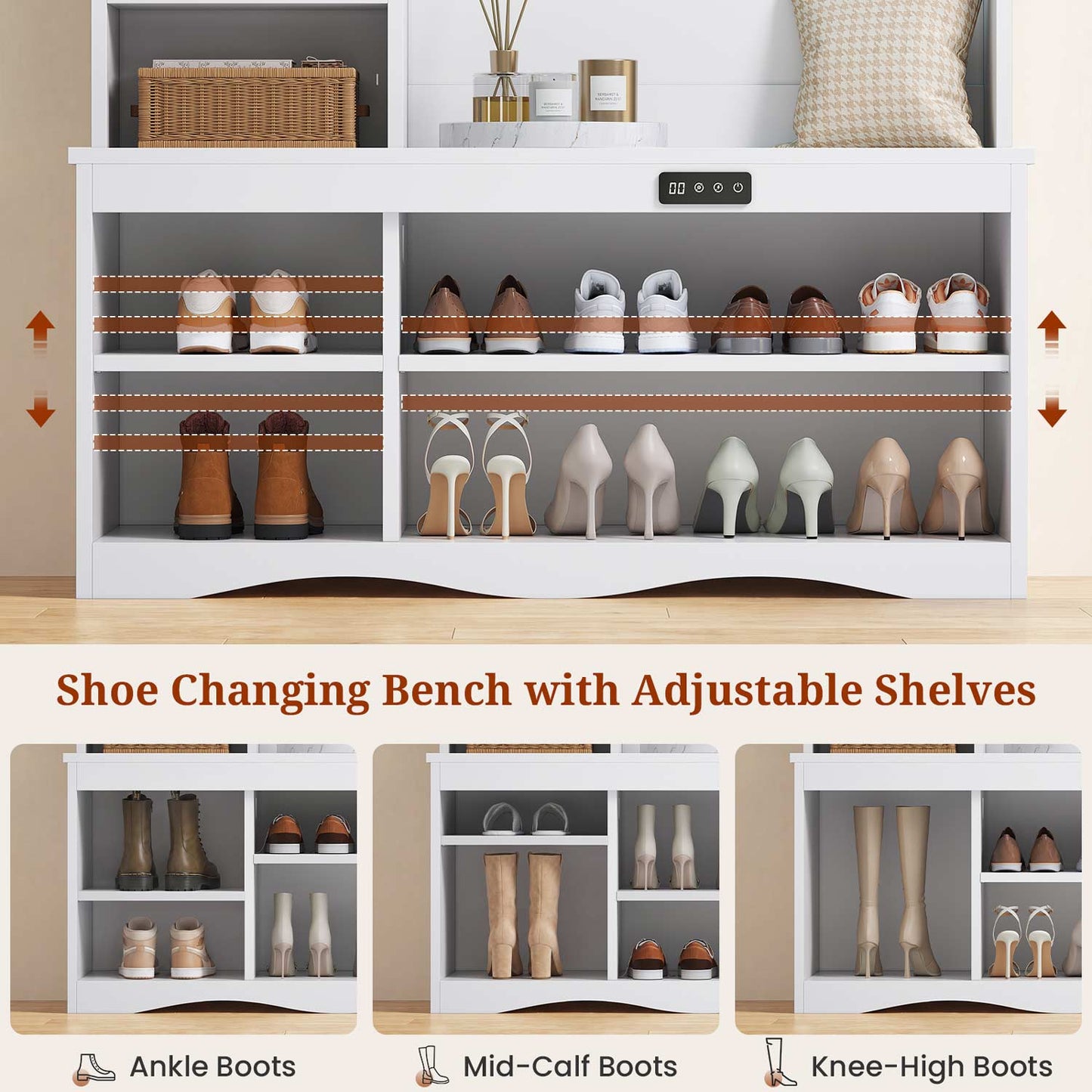 Hall Tree with Shoe Storage Coat Rack LED Lights and Bench White