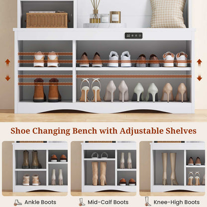 Hall Tree with Shoe Storage Coat Rack LED Lights and Bench White