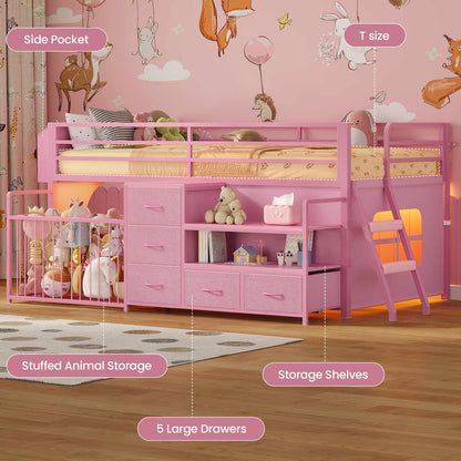 Twin Size Low Loft Bed with Storage Shelves Drawers and LED Lights Pink
