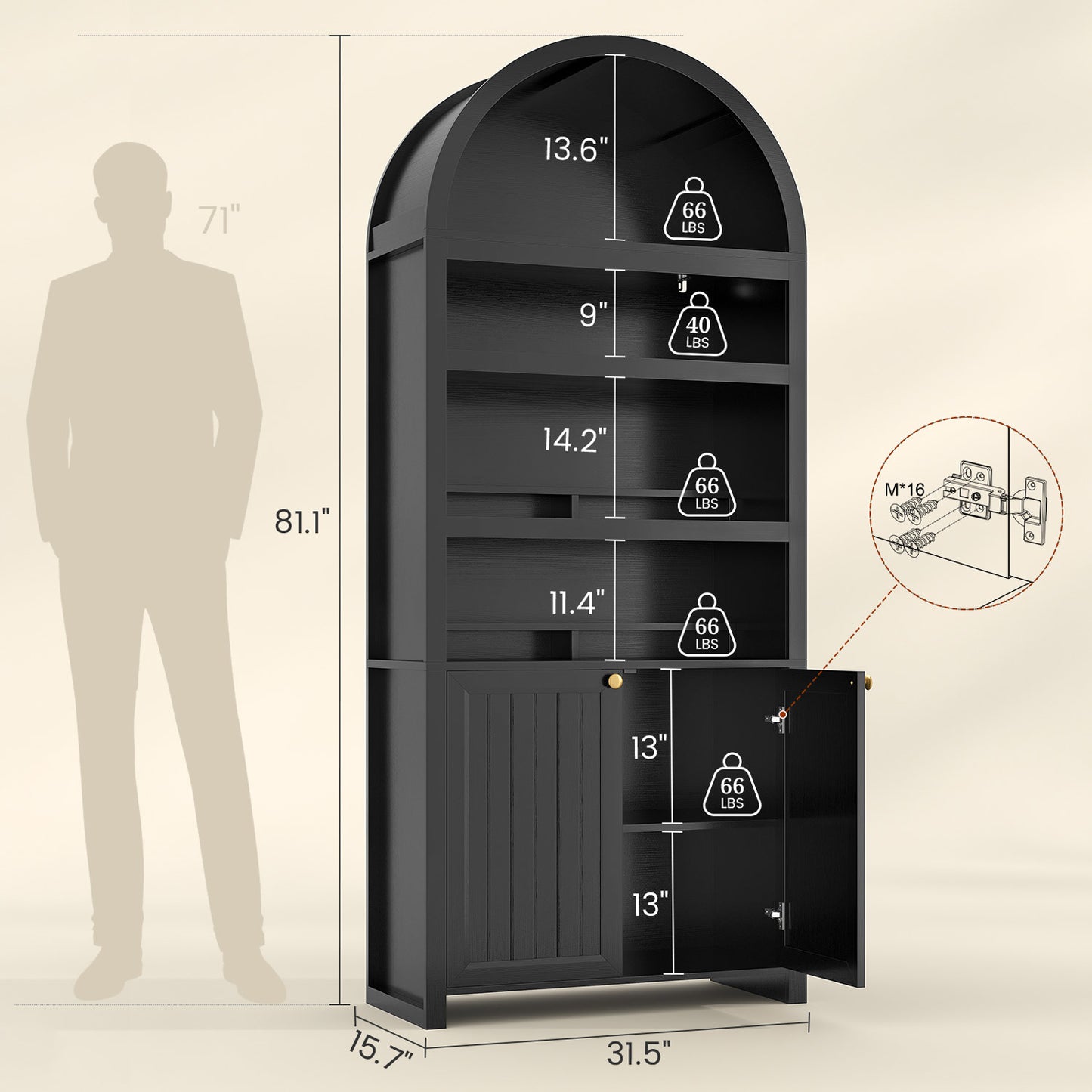 81 Inches Tall Arched 6-Tier Bookcase with Door Black