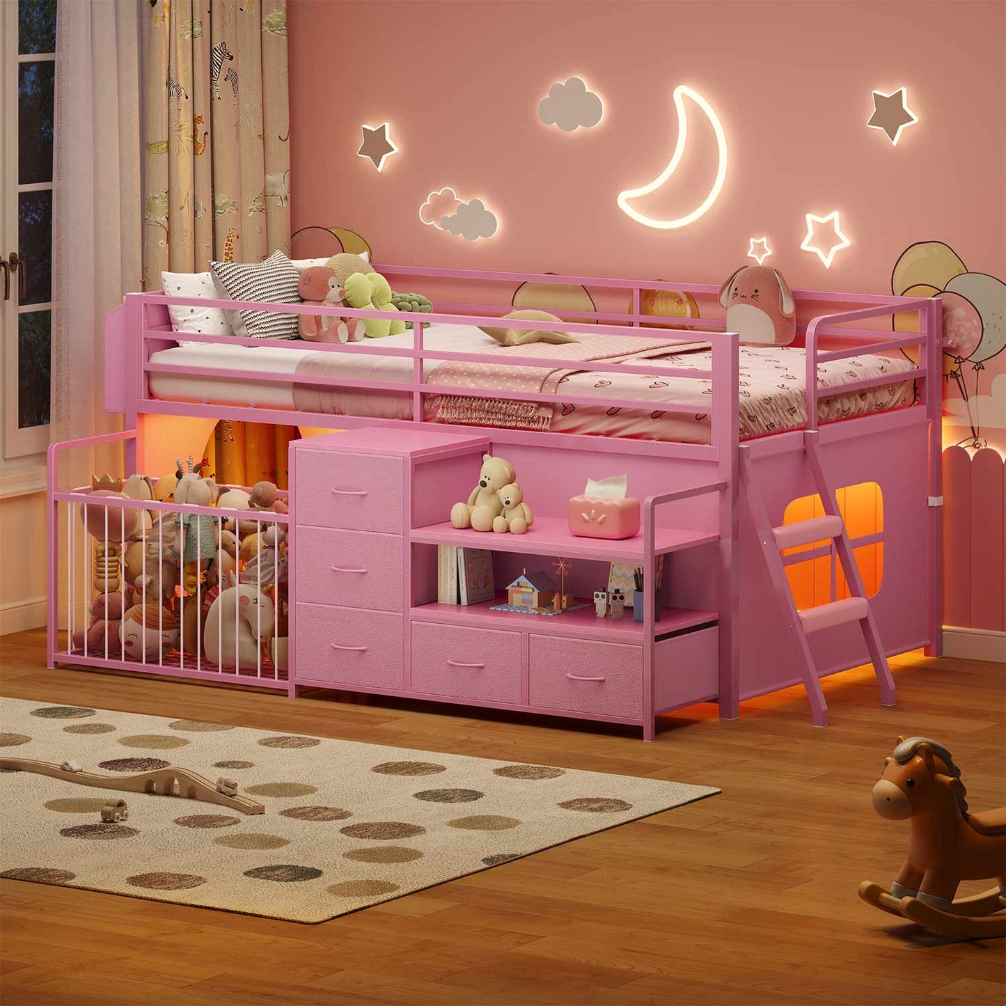Twin Size Low Loft Bed with Storage Shelves Drawers and LED Lights Pink