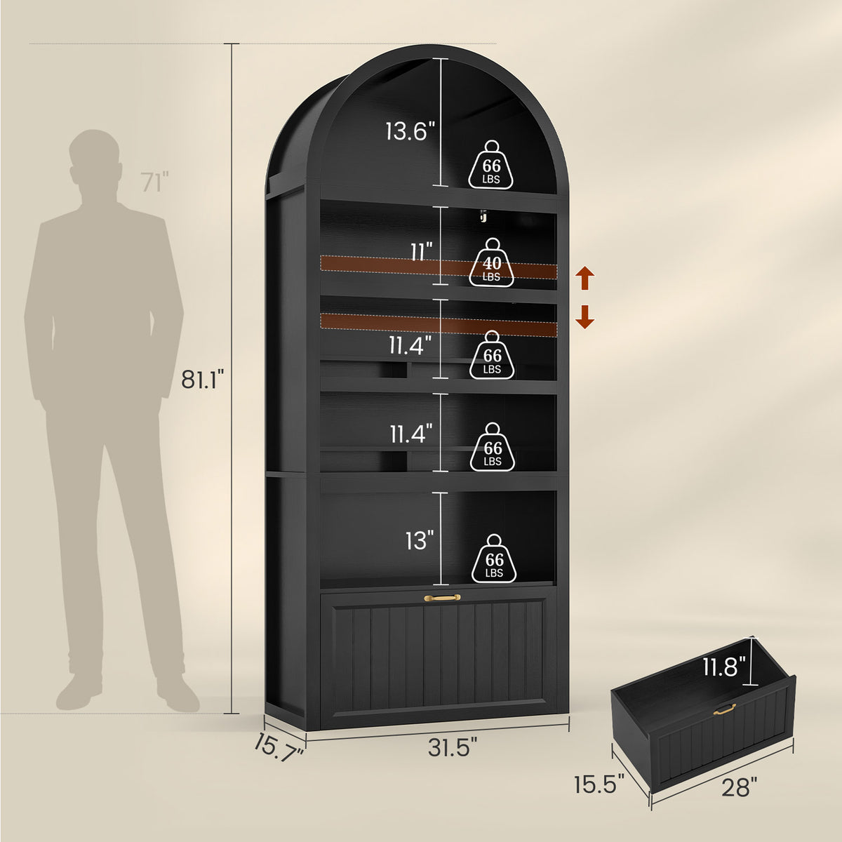 81" Arched Bookcase with 6-Tier Storage & Cabinet Black